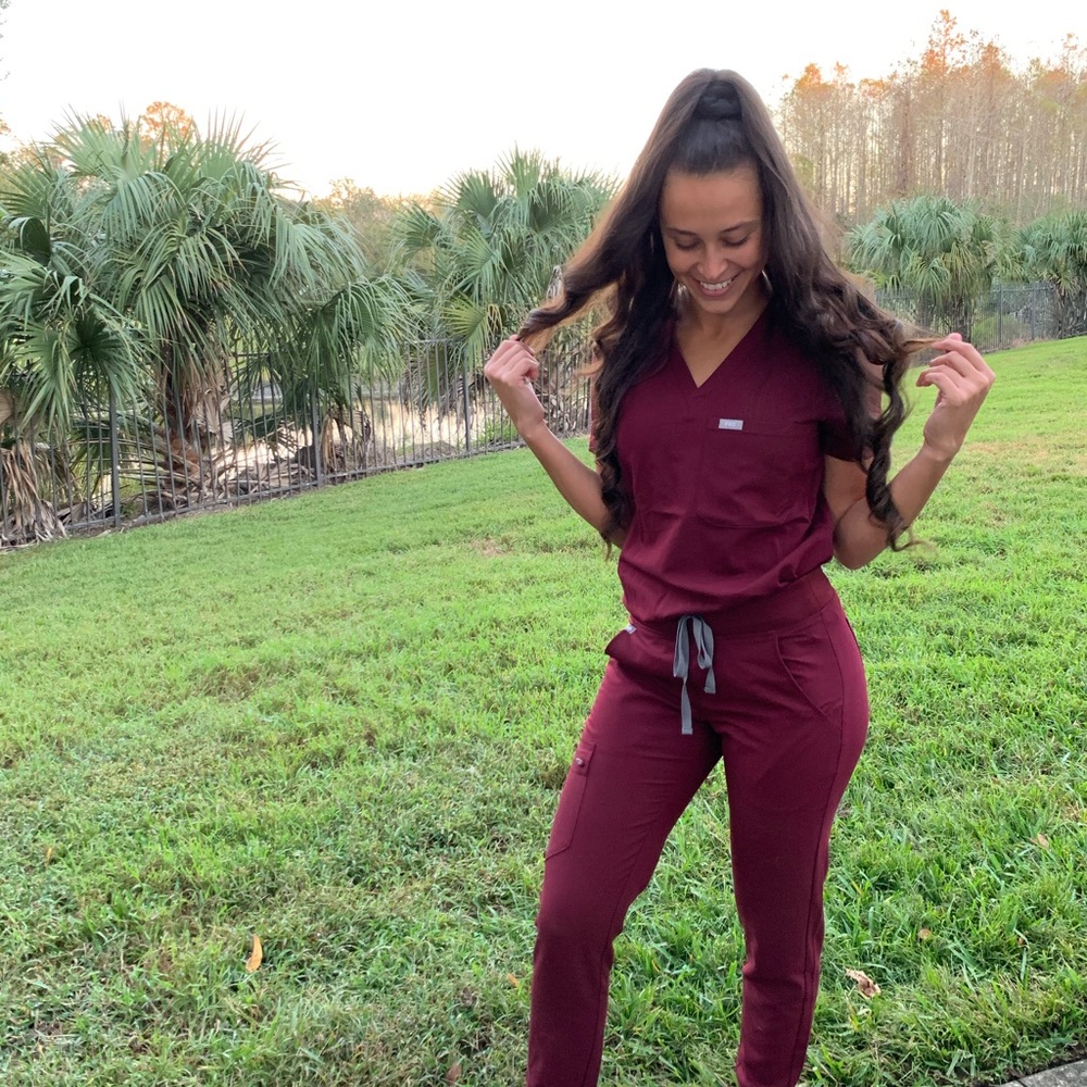 Figs Women's Burgundy Short Sleeve Top and matching bottoms